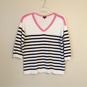 Talbots V Neck Stripe 3/4 Sleeve Pink, Black and Ivory Sweater - Large